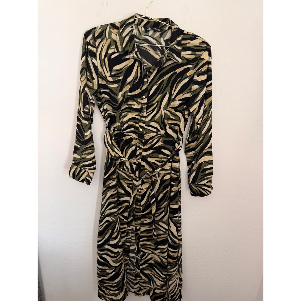 Zara Women Green Black Abstract Tiger Print Belted Button Up Midi Shirt Dress L